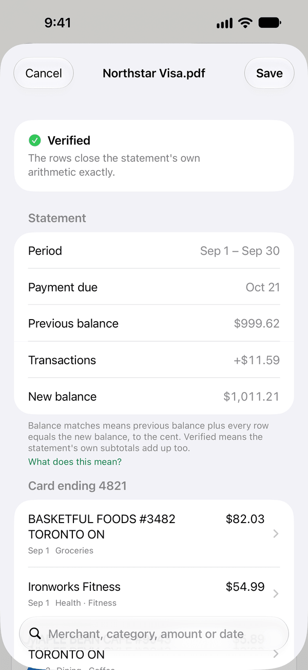 A sample Northstar Visa statement being imported in Unlinked, marked Verified: the previous balance plus the transactions equals the new balance, to the cent.